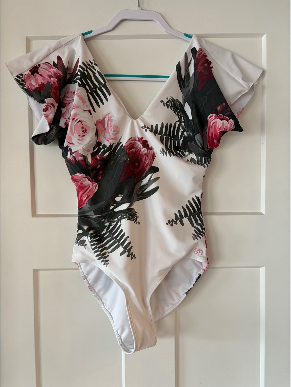 Albion Floral One-Piece Swimsuit — White/Pink/Black, Size S